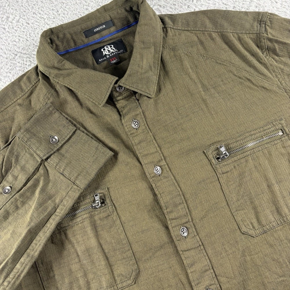 Rock Republic Shirt Mens XXL Stretch Olive Green Pockets Utility Herringbone - Picture 1 of 12